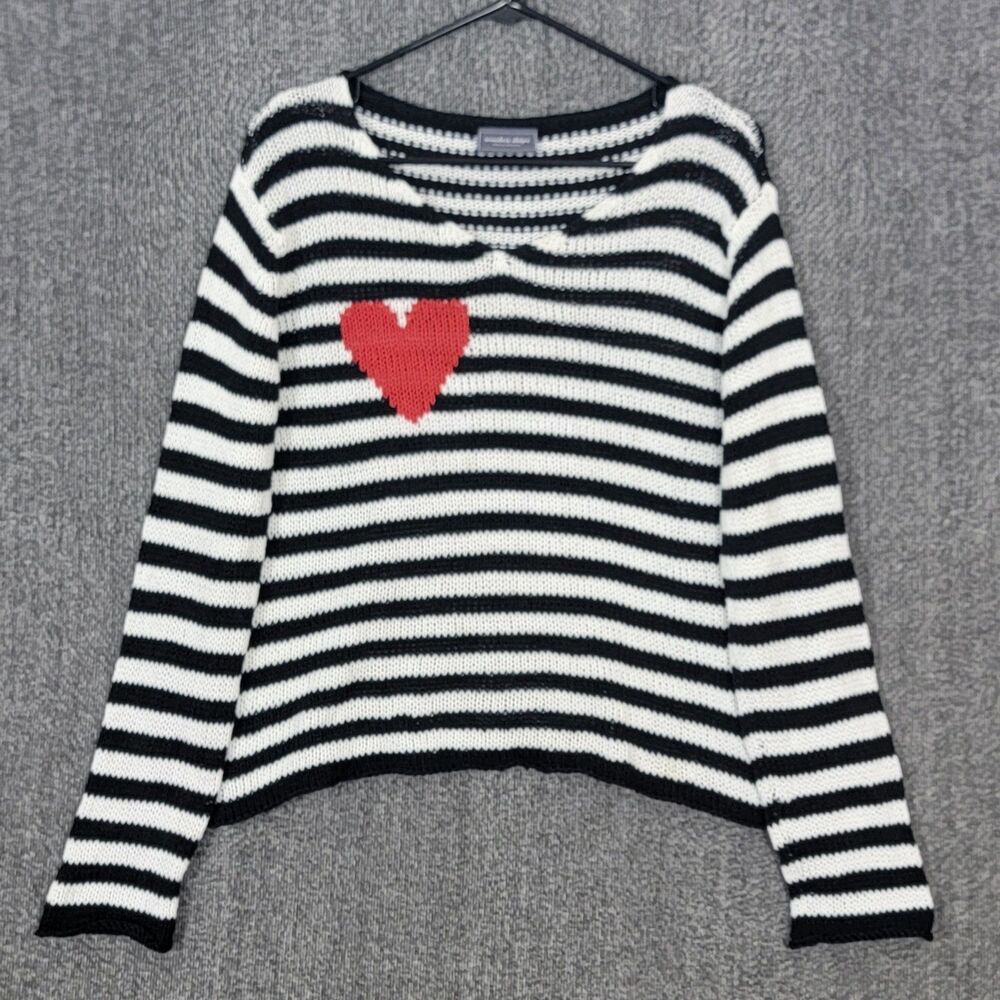 Wooden Ships Paola Buendia Sweater Womens S/M Black White Stripe Heart Open Knit